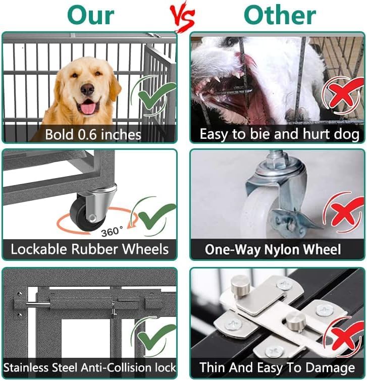 Miniatura 4 de Oranland Jaula de perro indestructible de 38 pulgadas con ruedas, perrera para perros de alta ansiedad, cerraduras resistentes, diseño de doble