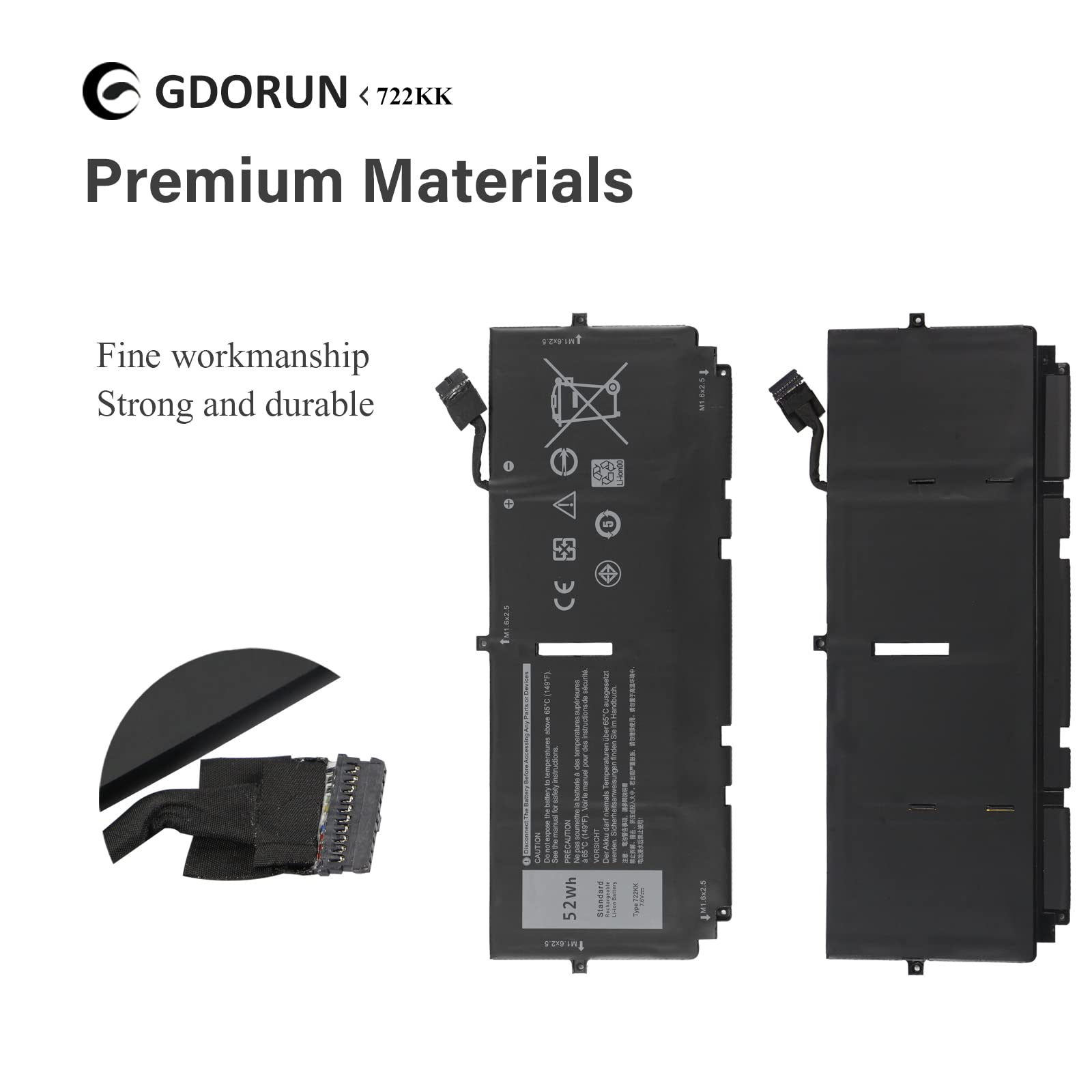 GDORUN 52Wh 722KK Laptop Batteria per Dell XPS 13 9300 9310 9380(2020 Edition) P117G P117G002 P117G001 0WN0N0 WN0N0 02XXFW 2XXFW FP86V 2ICP4/60/80-2 7.6V 6800mAh 4-Cell Notebook Battery Replacement