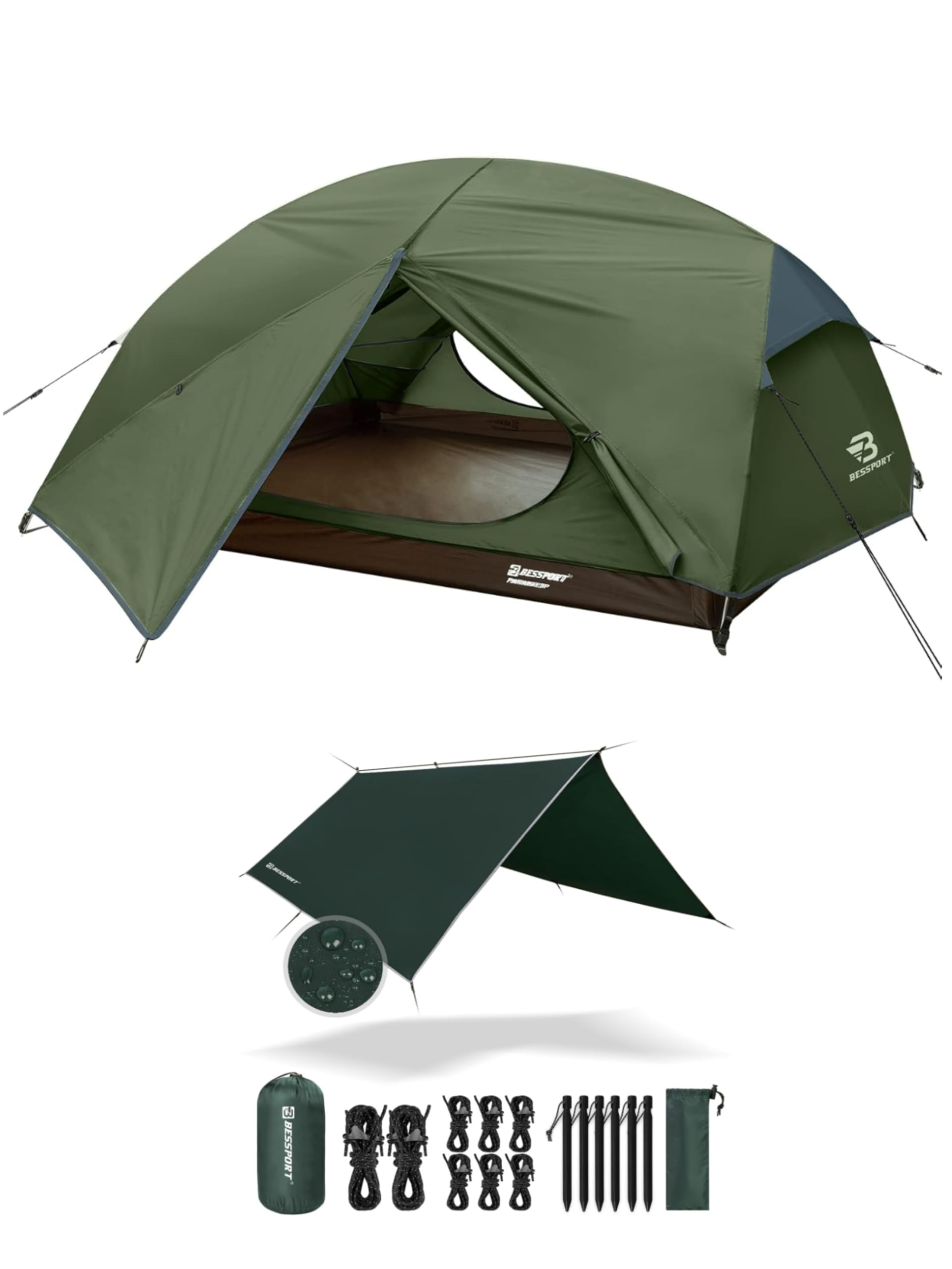 Bessport 2 Personen Zelt und Zeltplane, Camping Zelt Tarp 3m x 3m Wasserdicht PU3000 mm Tarp für Hängematte, mit Ösen & 6 Aluminiumstifte & 8 Nylonseile, Anti-UV Geeignet für Camping, Picknick, Hängem