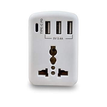 MX Worldwide Universal Socket Travel Adapter with Type-C PD (5V/3A) & Triple USB Ports (5V 3.4A Fast Charging Ports)-5 in One, 100V-250V AC Plug Type D Plug (White, Pack of 1