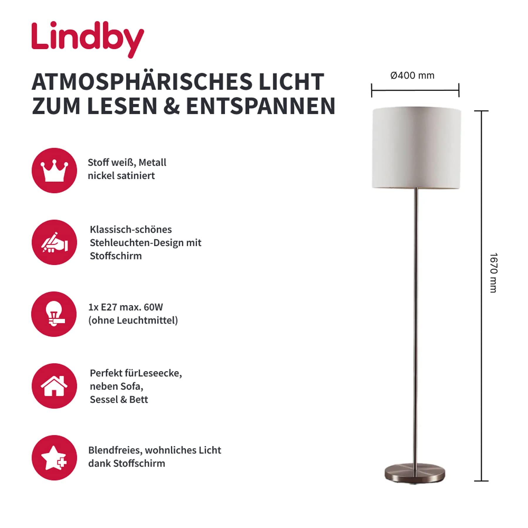 Lindby Textil Stehlampe weiß, Stehleuchte Stoff Lampenschirm mit Fußschalter 1x E27 max. 60W (ohne Leuchtmittel) Leselampe Standleuchte