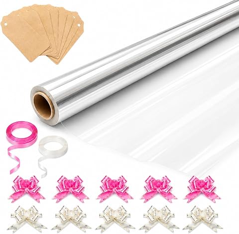 HURUC Cellophane Wrap Roll Clear 80cm x 30m Extra Wide | Extra wide cellophane wrap for gift wrapping, Christmas presents, florist bouquets, hampers and DIY crafts.