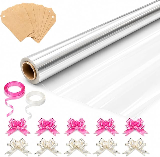 HURUC Cellophane Wrap Roll Clear 80cm x 30m Extra Wide | Extra wide cellophane wrap for gift wrapping, Christmas presents, florist bouquets, hampers and DIY crafts.