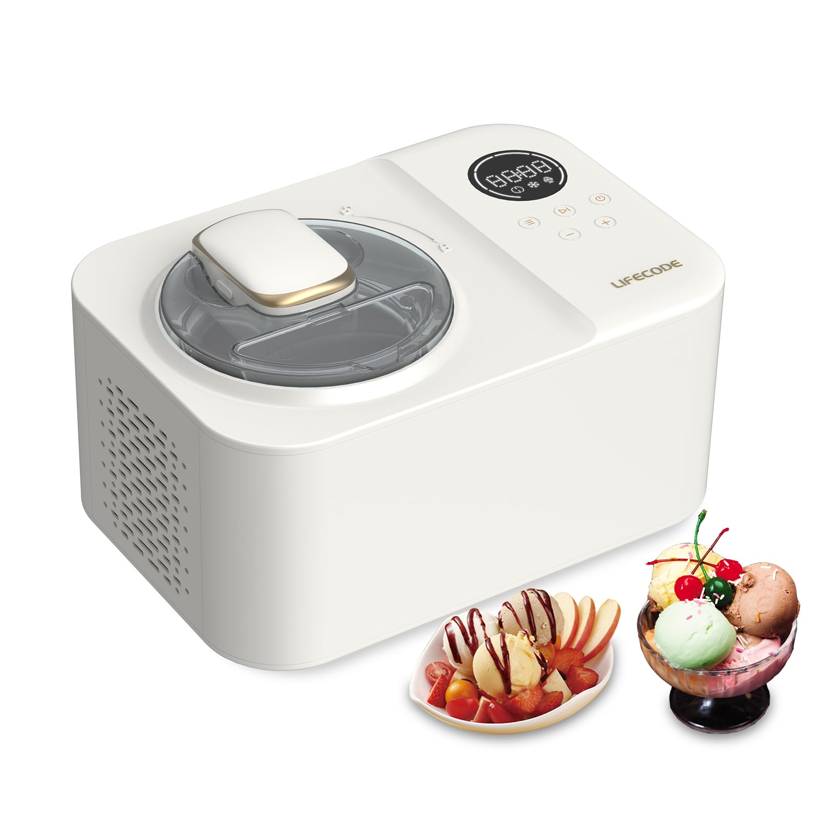 HCLSHOP Ice Cream Maker, Professional Self-Freeze Ice Cream Maker 1.2L, Removable Bowl, LCD Display, Making fruit Chocolate Yogurt, Mixing for salad, Cooling for Juice (white, M)