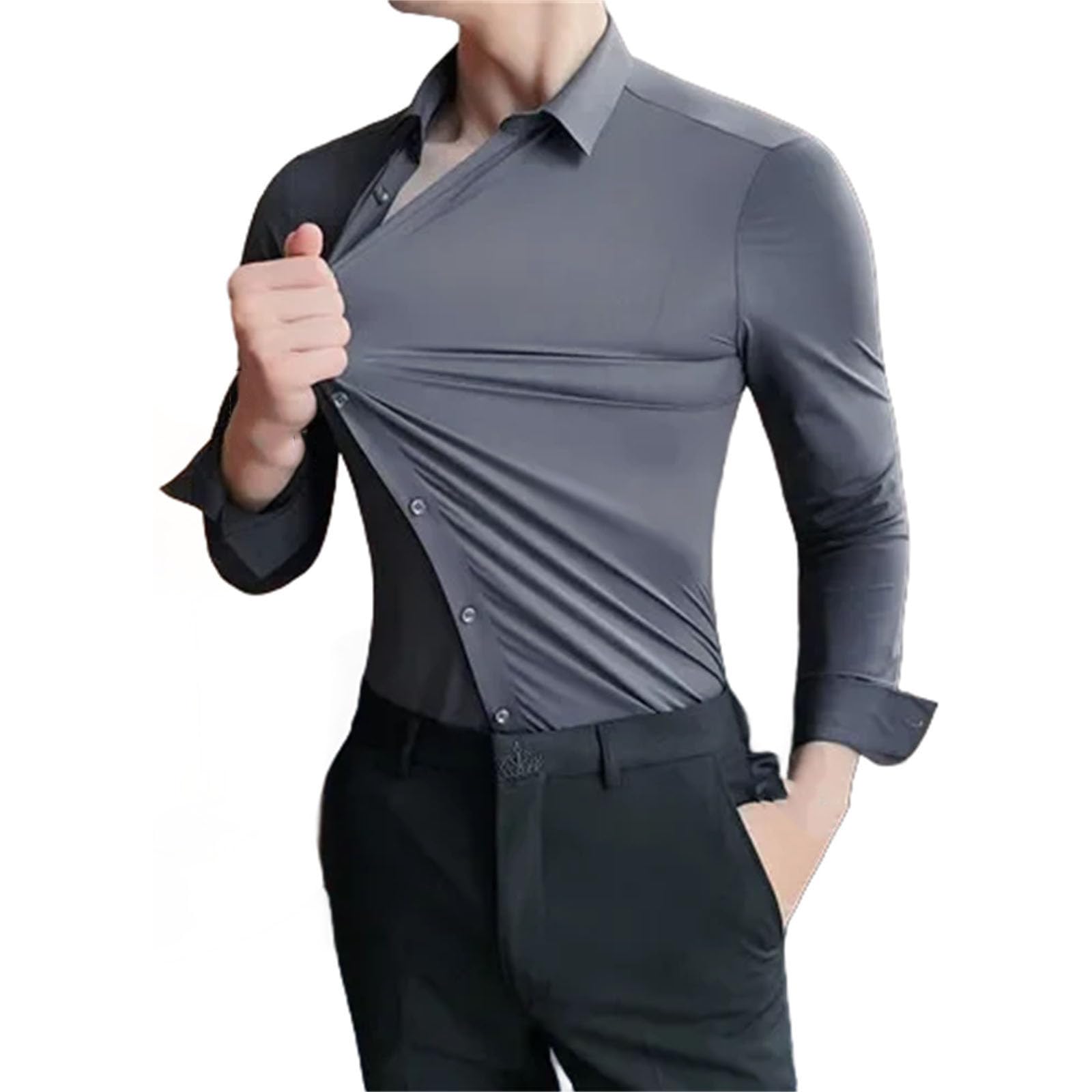Camisa elástica de manga larga para hombre, no necesita planchado, ropa de trabajo, profesional, cuello alto, color liso