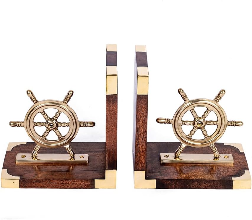 Nautical Ship Wheel Bookends – Gold Brass on Brown Wood Base, 6” x 4” x 6.5” Decorative Brass Book Holders for Coastal & Traditional Home Decor