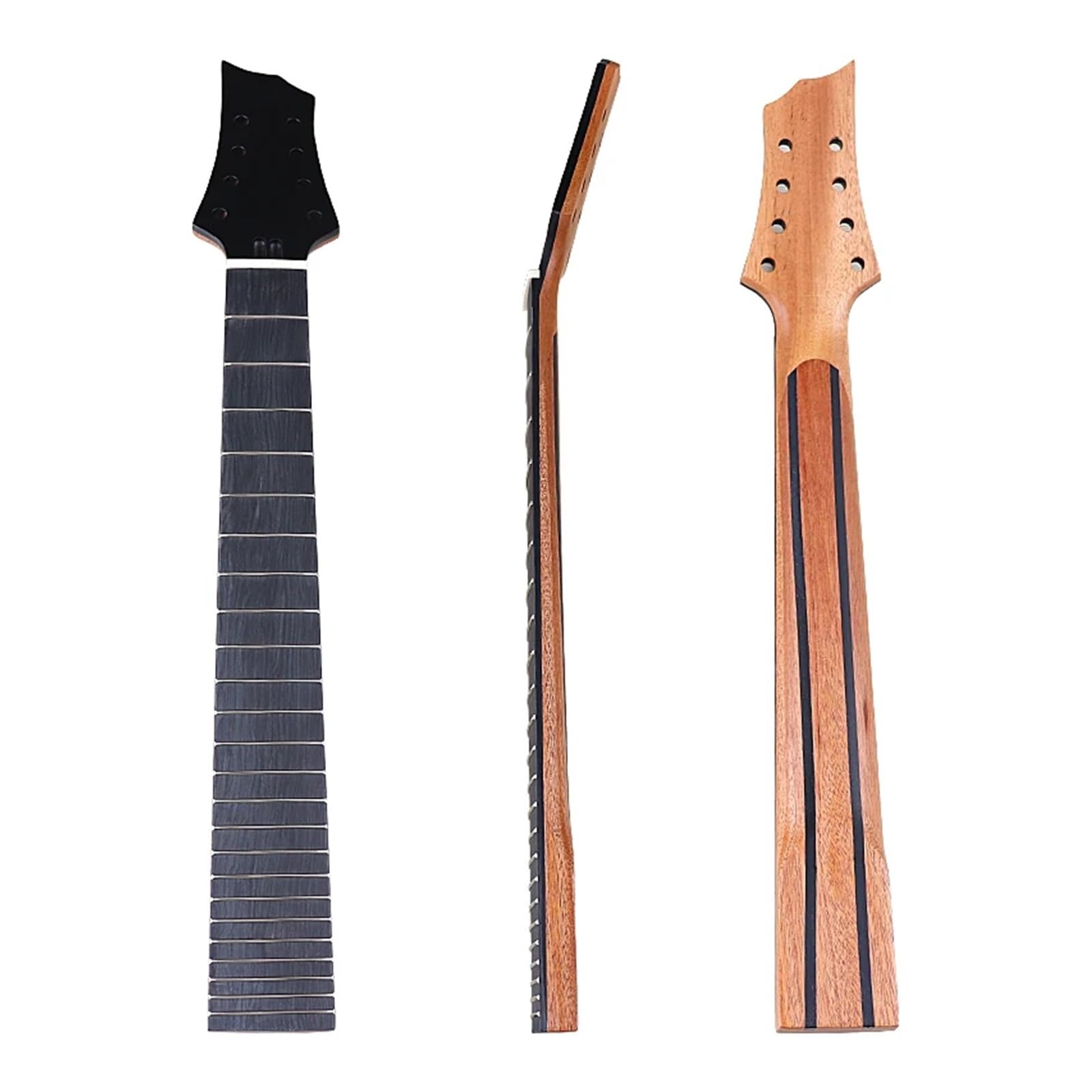 8-saitiger E-Gitarrenhals, 24 Bünde, Okoume-Holzhals, schwarzer Kopf mit doppeltem Halsstab, doppelte Rückenlinie, 7,5 cm Absatzbreite