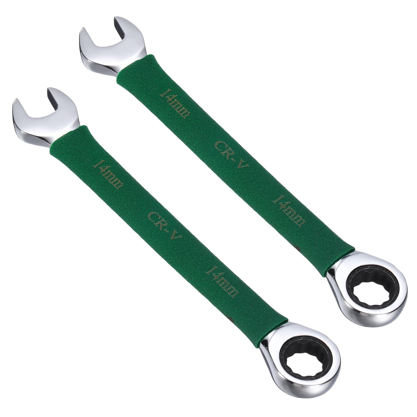 sourcing map 2Pcs Ratcheting Combination Wrench 14mm Stubby Wrench Metric Steel Double 12-Point Box Open-Ended Ratchet Spanner Tool for Household Garage Workshop Auto Repairs, Green