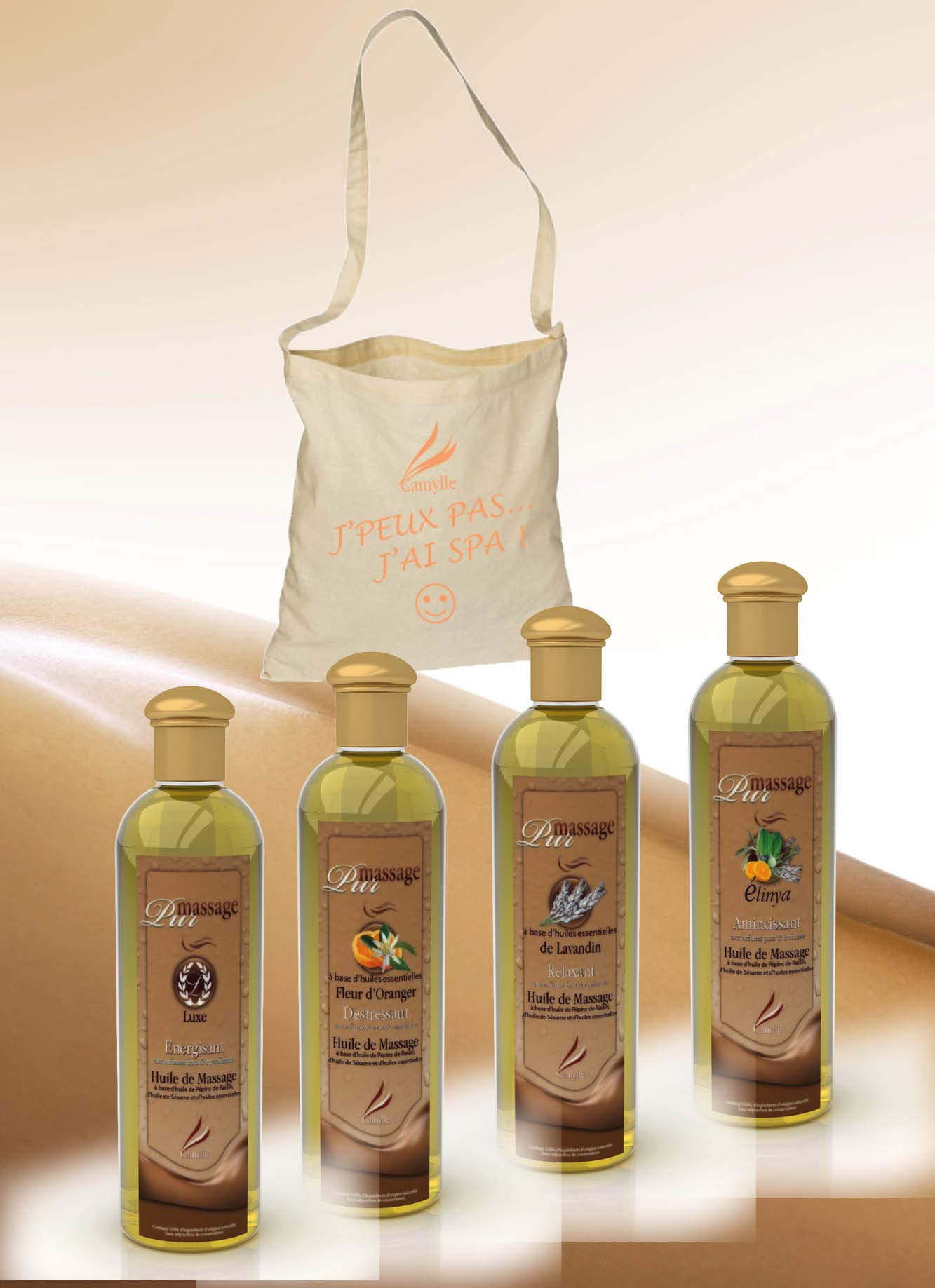 Camylle - Selección de aceites de masaje con una bonita bolsa de algodón de regalo que incluye cuatro frascos: Luxe - Azahar - Lavanda - Elinya