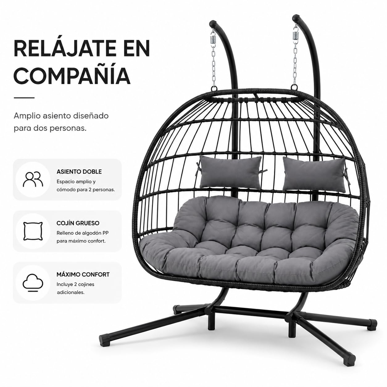 Silla Colgante Doble Huevo 2 Personas – Columpio de Ratán PE con Cojín de Alta Densidad, Doble Arco de Acero, Muelles de Alta Resistencia y Base Antideslizante para Terraza, Jardín, Balcón e Interior
