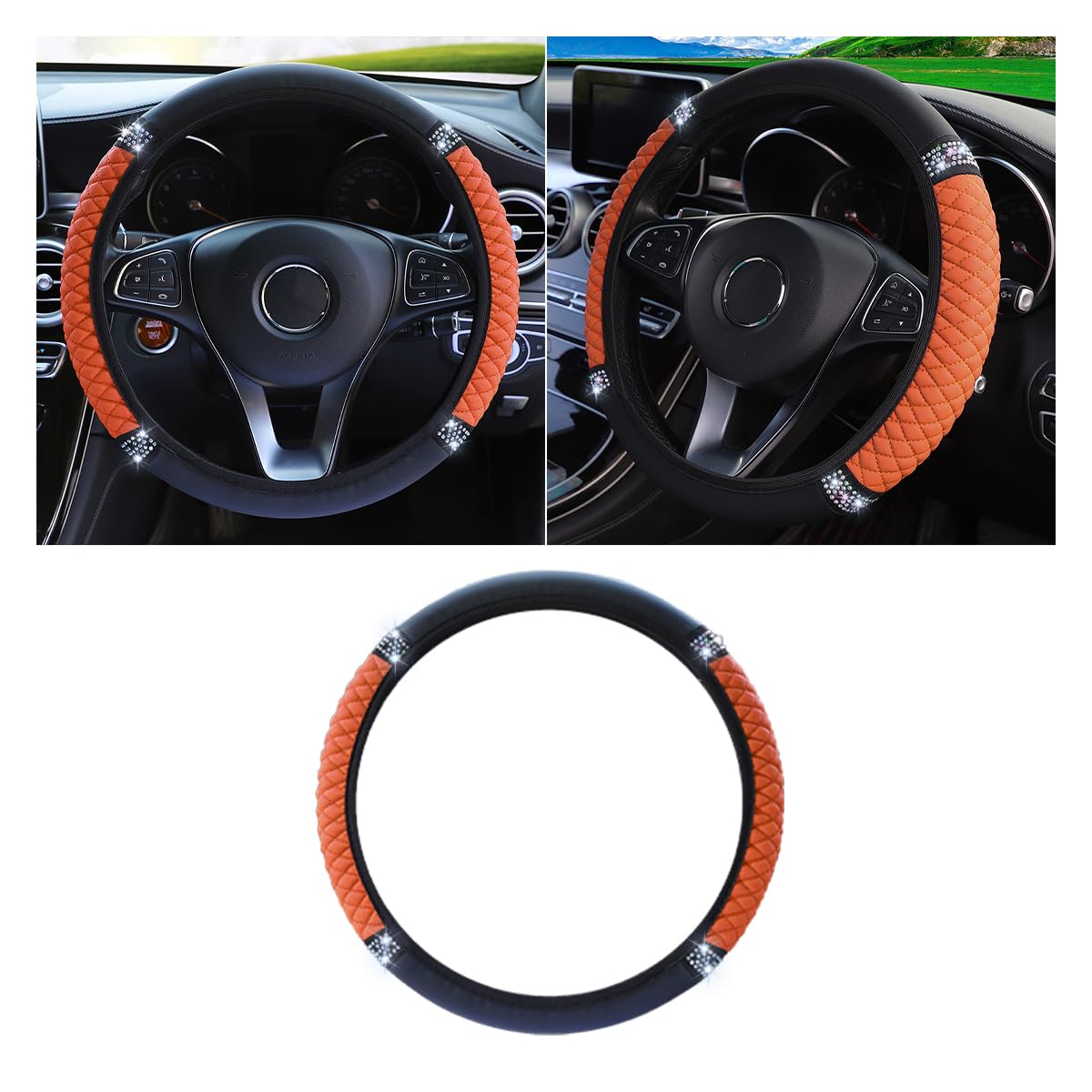 JOYCOURT 15 Inch Bling Soft Leather Car Steering Wheel Cover, Orange