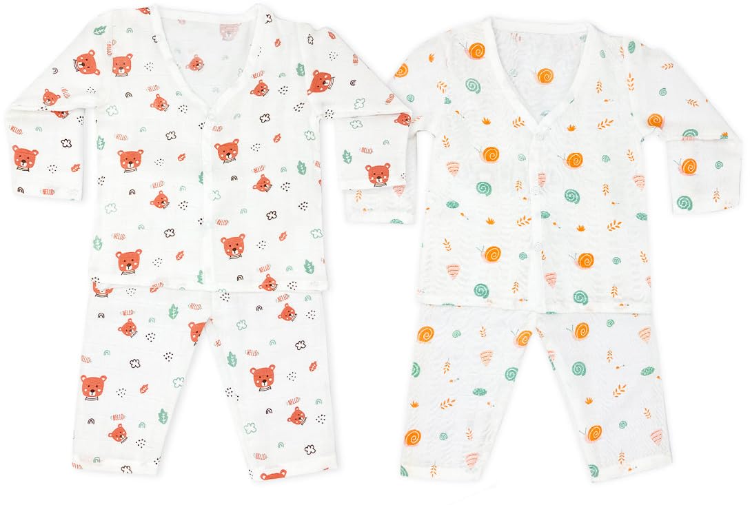 TERI BERI 100% Organic Muslin Cotton Full Sleeves Jhabla Shirt with Pyjama Pant Night Suit for Infant Toddler New Born Baby Clothes - White (Random Prints)