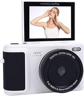 4K Digital Camera for Photography, 64MP Camera for YouTube 2.8in 180° Flip Screen 16X Digital Zoom Compact Retro Cameras, 4K Compact Video Camera for Travel (White)