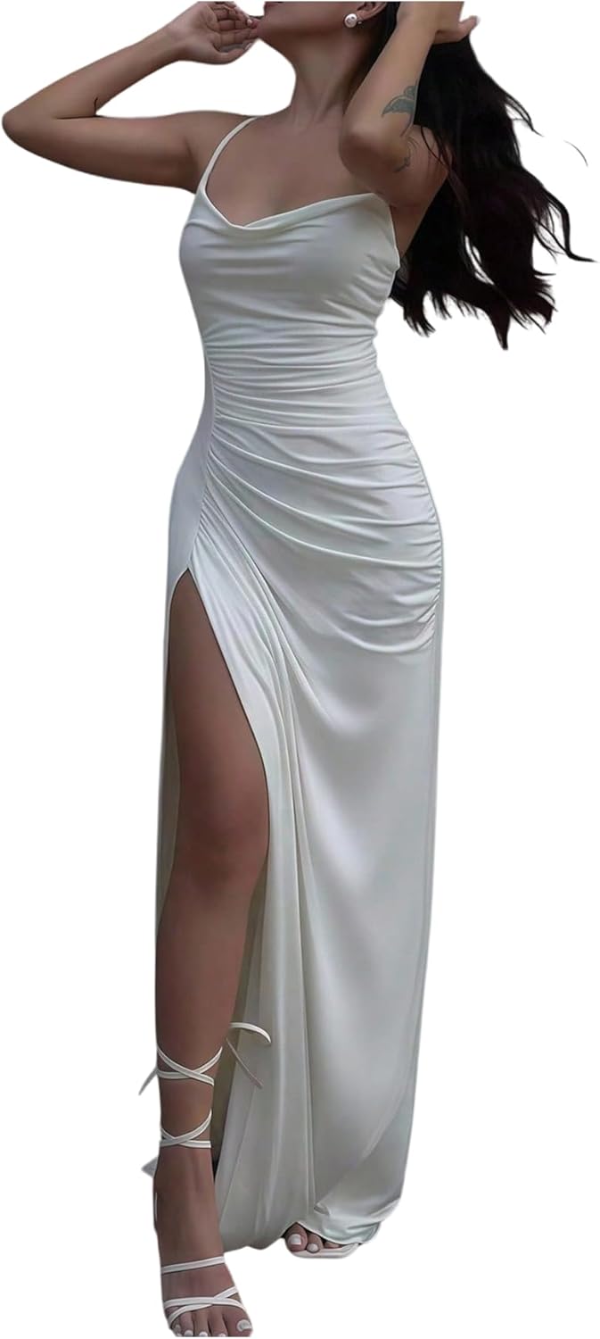 SHENHE Women's Sexy Spaghetti Strap Ruched Bodycon Cowl Neck Party Cocktail Maxi Dress