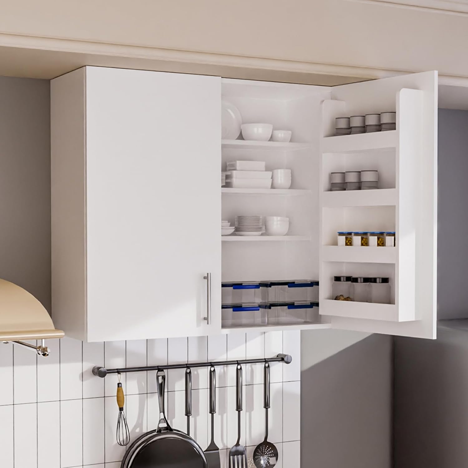 35" Wall Cabinet, Wood Wall Mounted Storage Cabinet with Multi-Layer Adjustable Shelves & Inner Door Storage Organizers, Double Door Cabinet with Soft Close, for Kitchen, Laundry, Bathroom, White