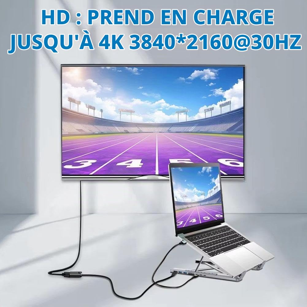 8 en 1 Support de Station d'accueil de Tablette pour Ordinateur Portable, avec HDMI 4K, 2 USB-A 3.0, 2 USB-C PD 3.0 100W, emplacements pour Cartes SD/TF, Support réglable Portable Universel M0X9 Pro