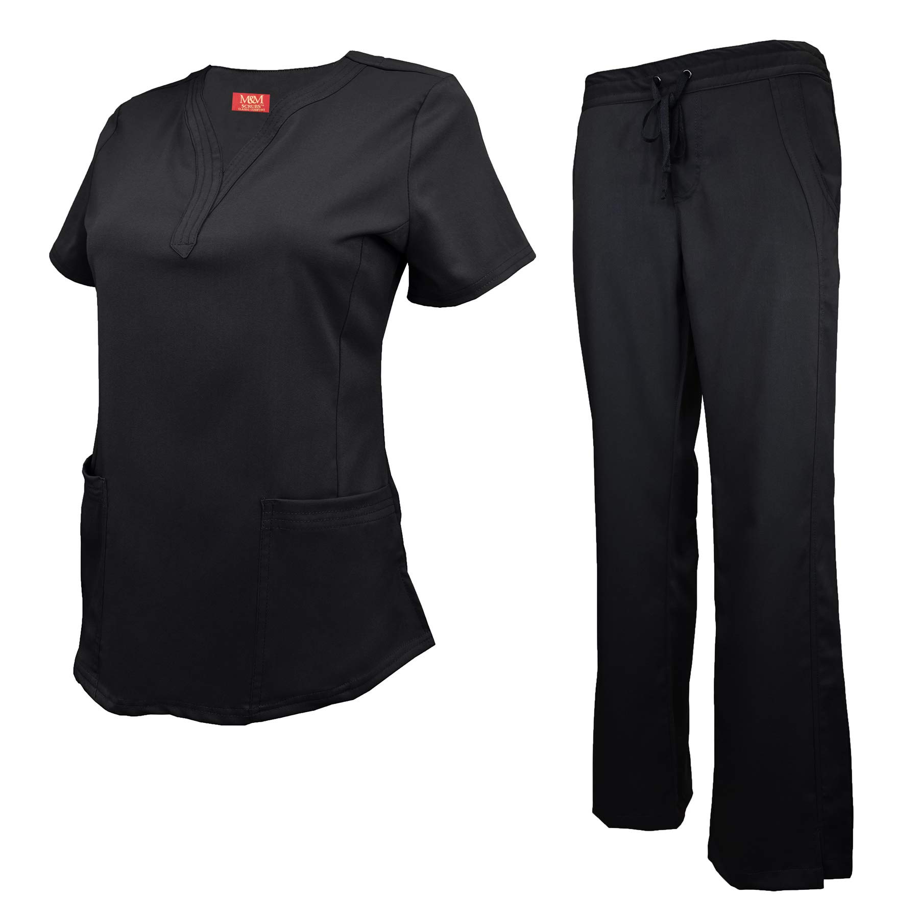 M&M SCRUBS Women's Ultra Soft Drop-Neck 2 Pocket Scrub Set (Black, XX-Large)