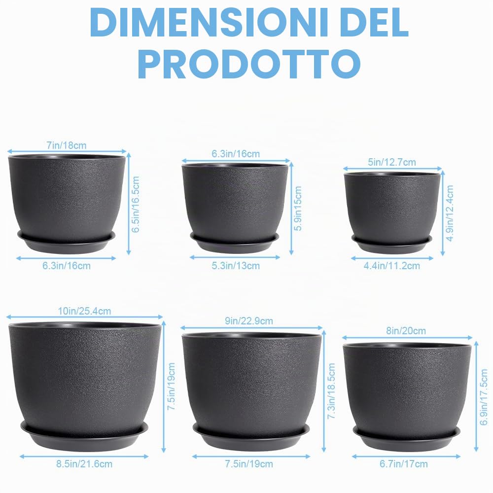Vaso per fiori, 6 confezioni da 6 vasi con sottovaso, 25/23/20/18/16/13 cm, vaso da fiori con fori di drenaggio e vassoi, ideale per interni e giardini da balcone (nero)