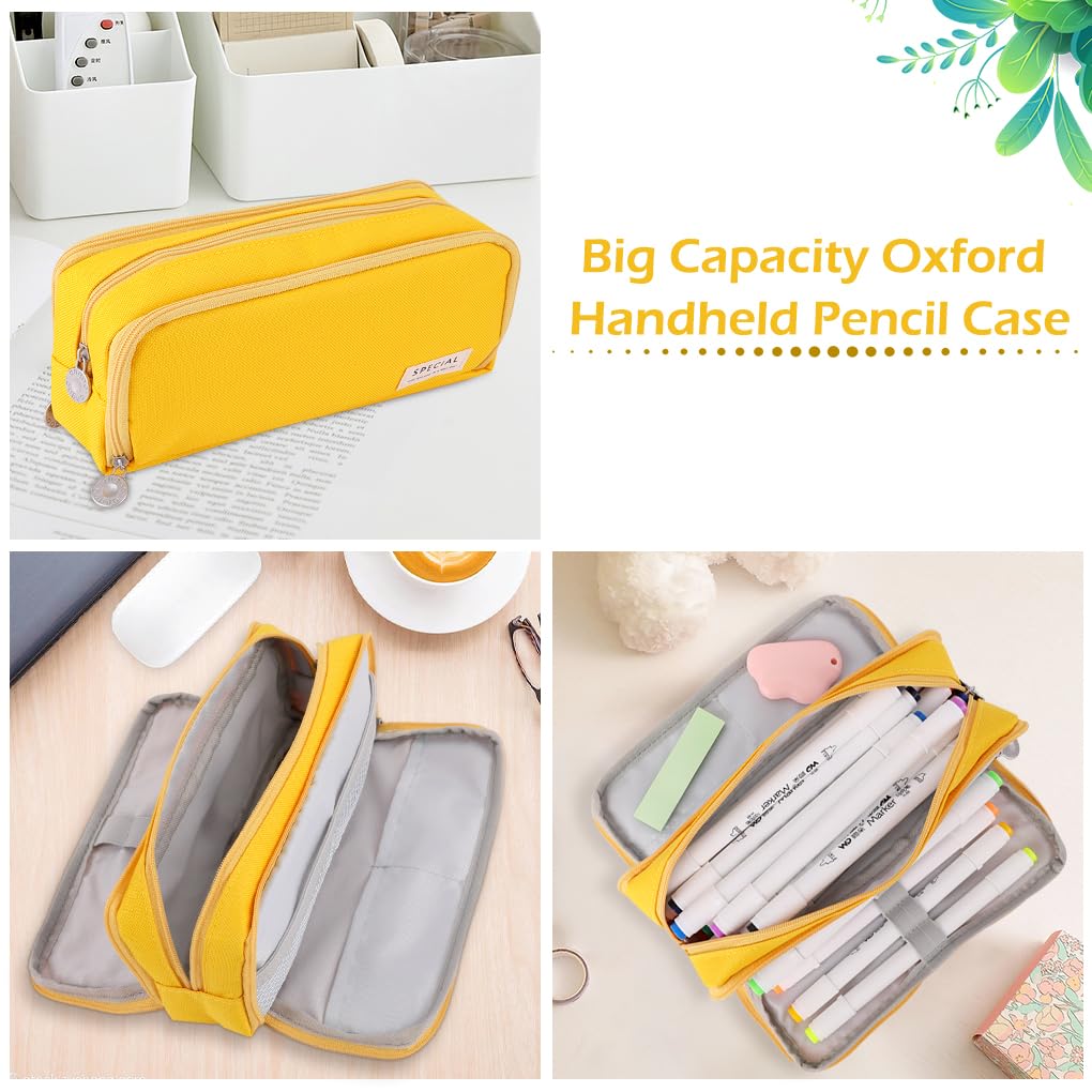 Oyachic 3 Compartment Pencil Case Large Capacity Pen Pouch Oxford Storage Bag Cosmetic Makeup Case for Men Women Adults Travel Business Office (Yellow) - Image 3