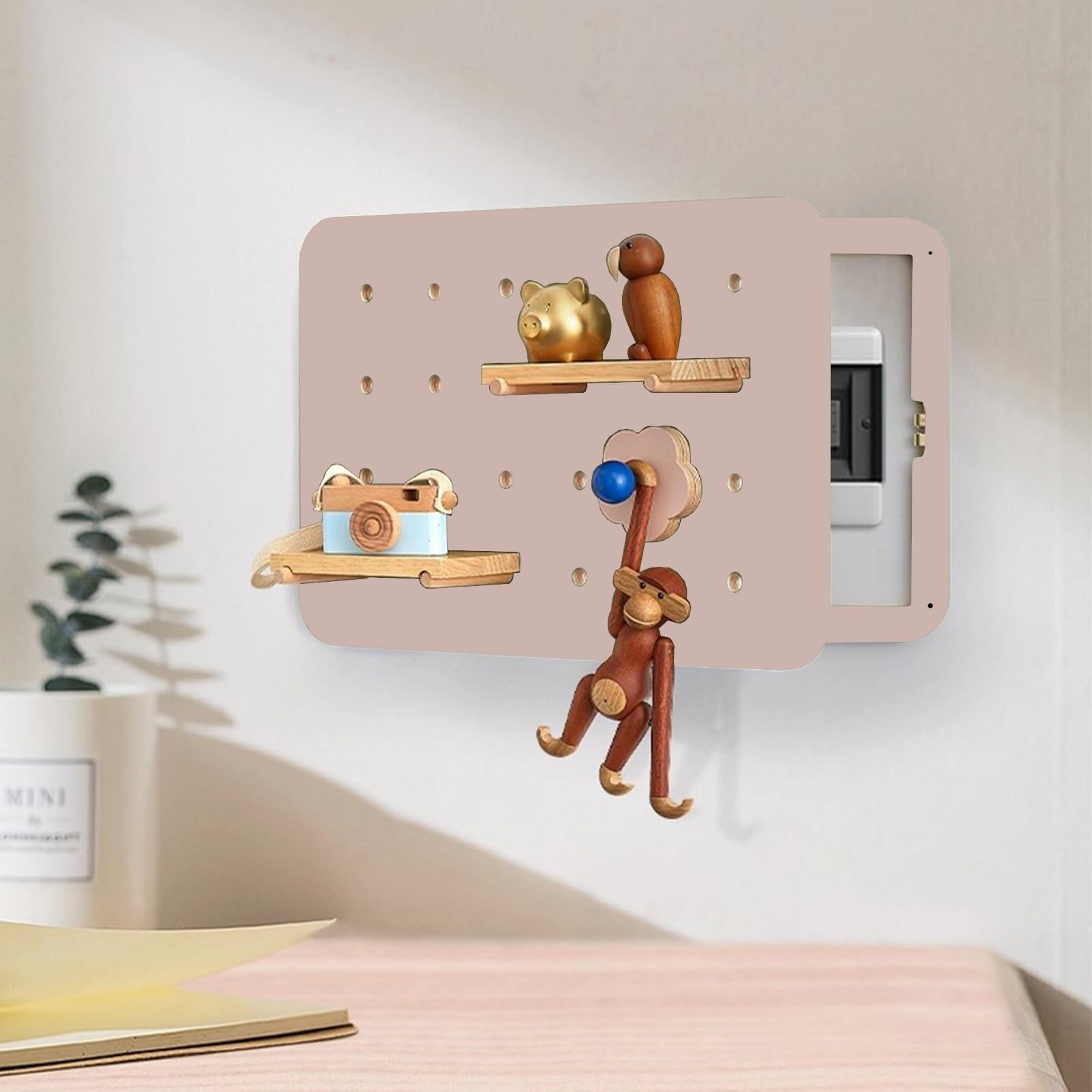 Electrical Panel Cover Wall Mounted Fuse Box Cover Cabinet, Solid Wood Electric Panel Cover with Shelf & Hook, Distribution Box Decorative Lid for Restaurant(Pink)