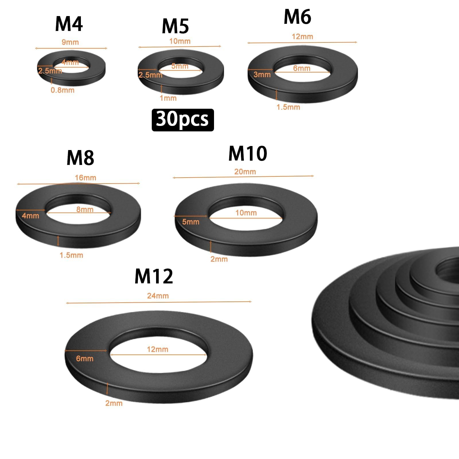 M5 podkładki 30 sztuk M5 x 10mm Czarne podkładki 304 ze stali nierdzewnej A2 V2A podkładki do nadwozia podkładki uszczelniające 5mm Płaska uszczelka do śrub i łączników