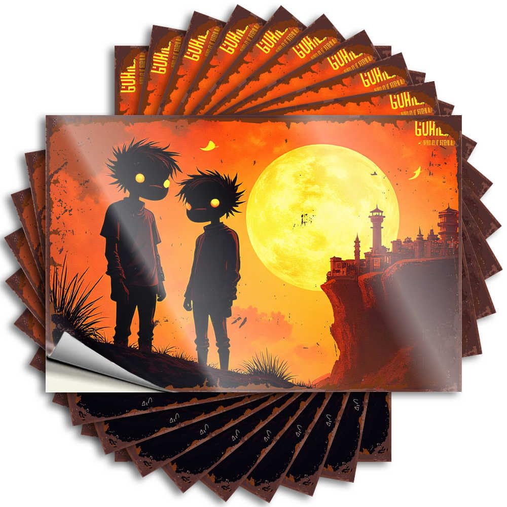 Lettering Sticker Bathroom Gifts Vinyl Sticker | Two Silhouetted Figures Gazing At A Giant Moon Over A Coastal Cit Metal for Spring Use(12X18CM)