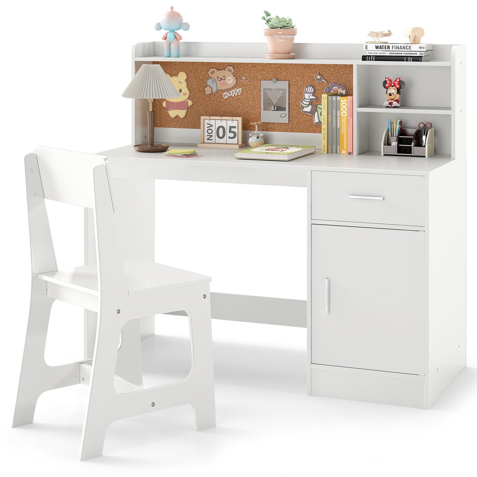 COSTWAY Kinderschreibtsich mit Stuhl, Schreibtisch Kinder aus Holz mit Regalen, Schubladen & Schrank, Jugendschreibtisch für Kinderzimmer, Lerntisch für Jungen, Mädchen ab 3 Jahren (Weiß)