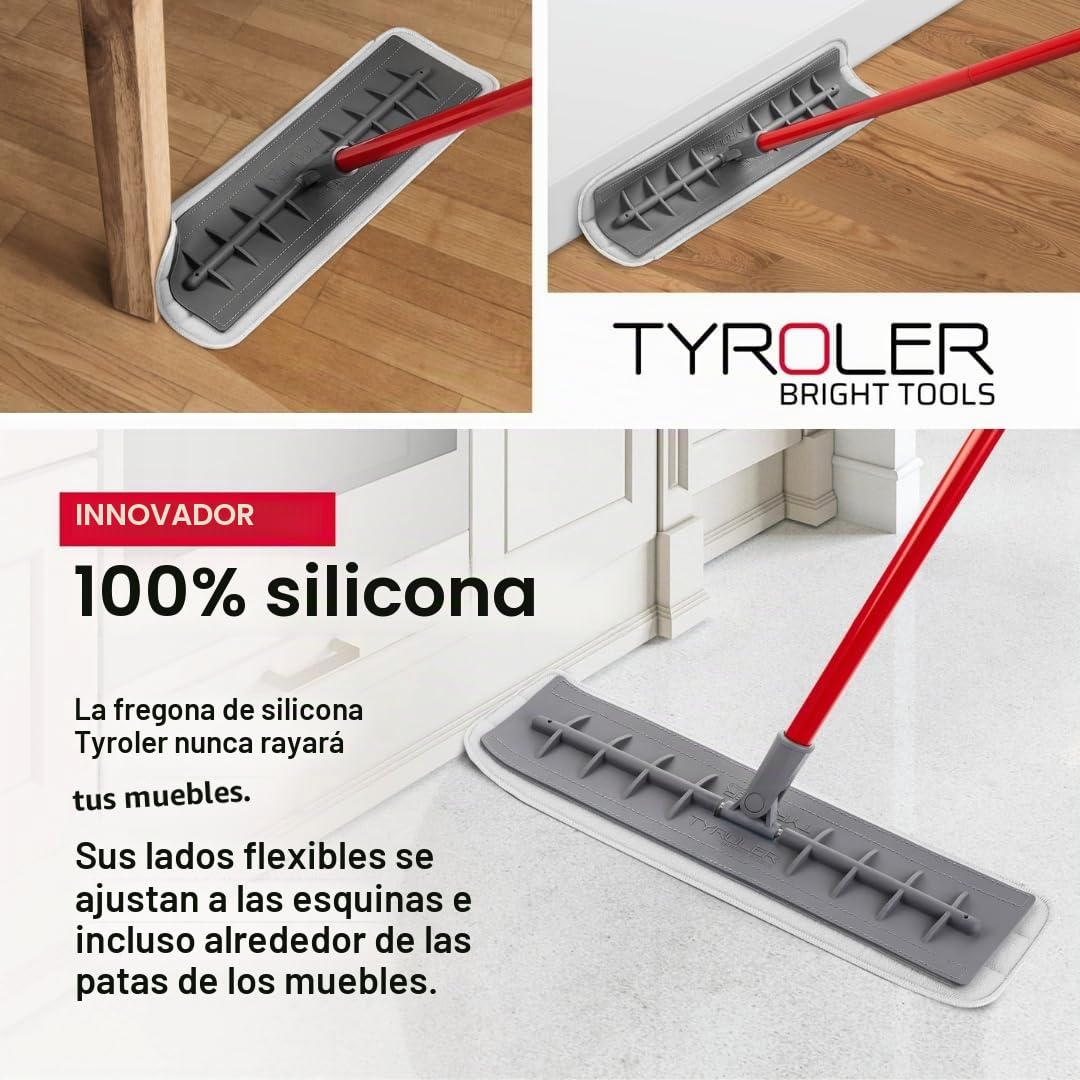 Tyroler Mop - Limpieza versátil para Suelos de parquet, Madera, laminados y baldosas, Cabeza de Silicona Flexible 100% Resistente a los arañazos | Incluye 2 paños de Microfibra adicionales