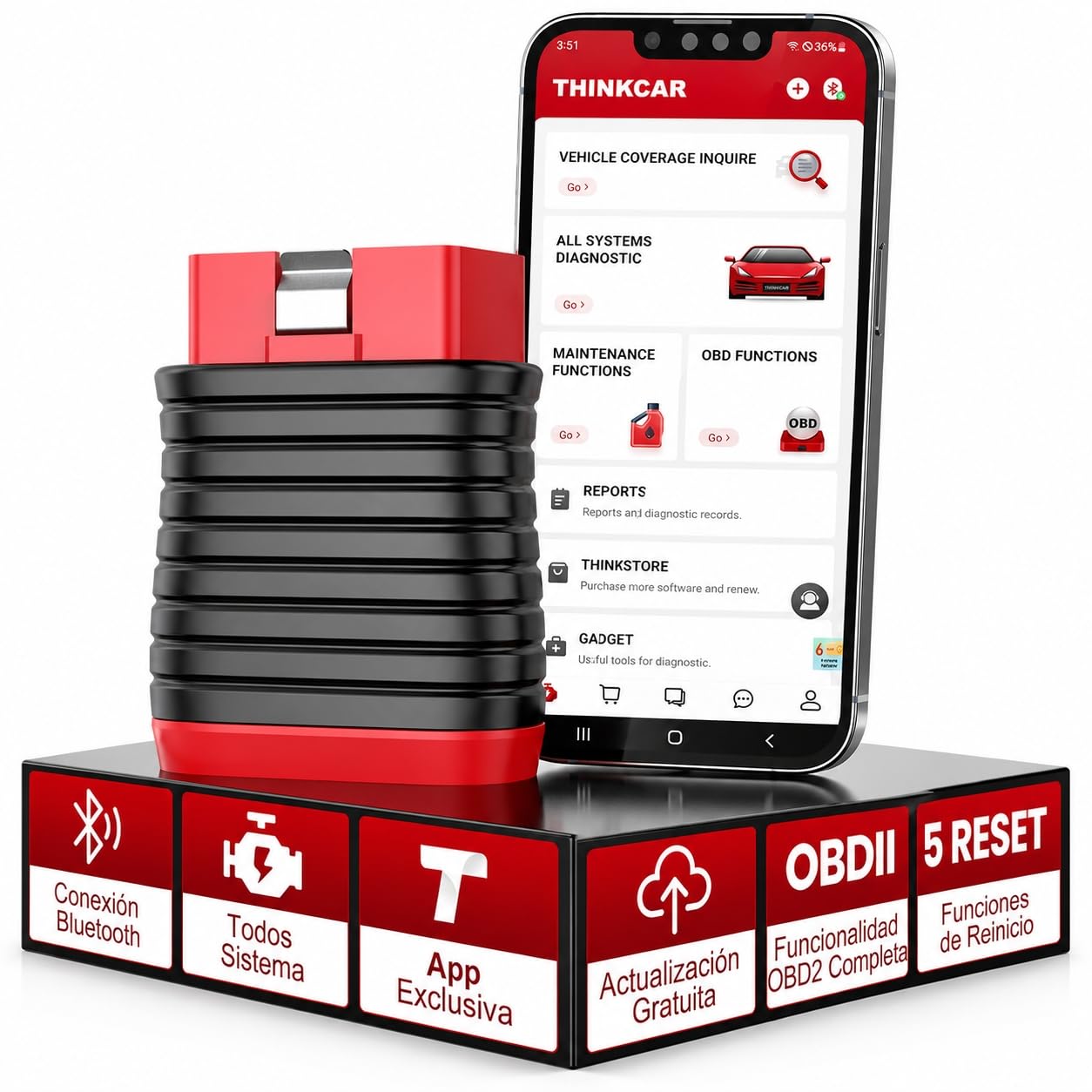thinkcar THINKDIAG BD6 OBD2 Diagnosis con Todos Sistema | Herramienta de diagnóstico para iOS y Android, 5+ Reinicios en Caliente