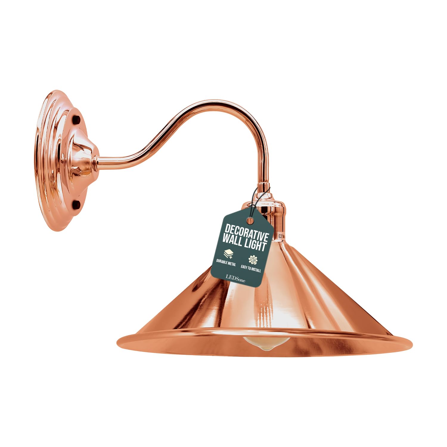LEDSone Industrial Swan Neck Wall Light Rose Gold – Vintage Hardwired Metal Wall Sconce with E27 Cone Shade for Bedroom, Hallway, Living Room & Restaurant