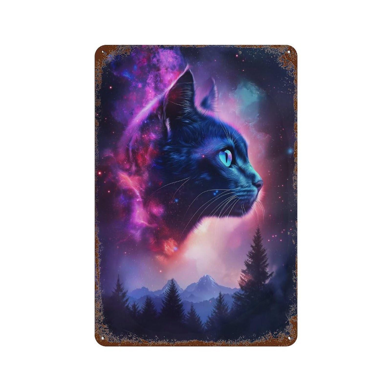 Cosmic Celestial Cat Forest 11.8"x7.9" Retro Metal Sign, Vintage Wall Decor for Office, Studio And Wall Decor
