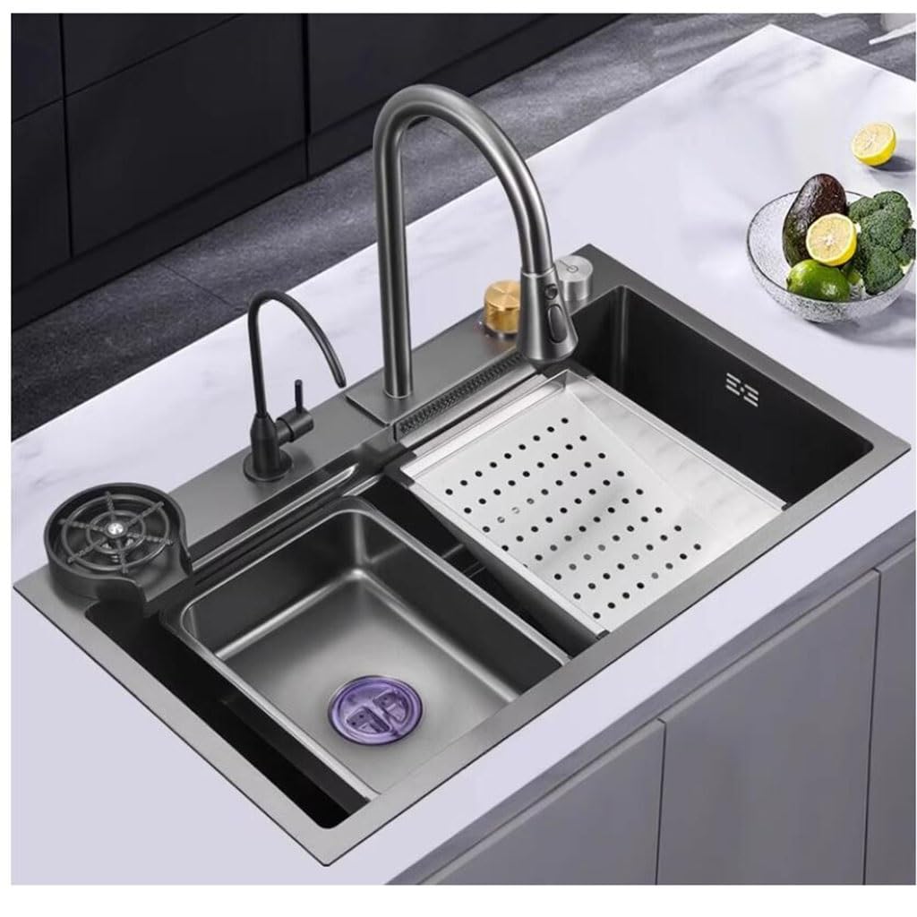 Lavello a sifone a cascata con accessori per rubinetto, multifunzione, in acciaio inox, colore nero