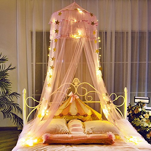 Twinkle Star Kids Netting Princess Bed Canopy 3 Layers Lace Ruffle Dome For Baby, Girls (Pink) #TOP2