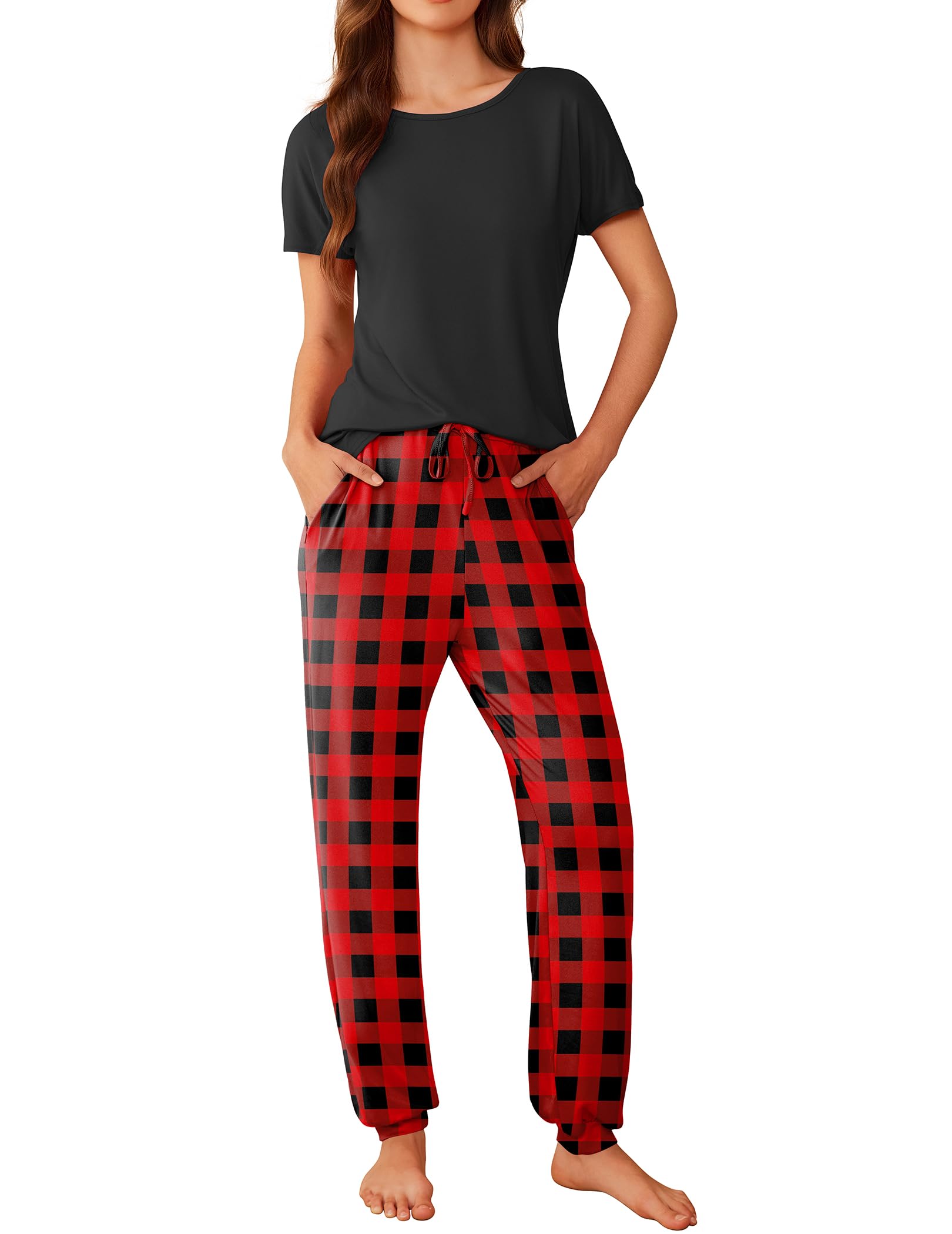 Ekouaer Schlafanzug Damen Kurzarm Süß Print Pyjama Set Sommer Sleepwear Zweiteiliger Nachtwäsche mit Taschen