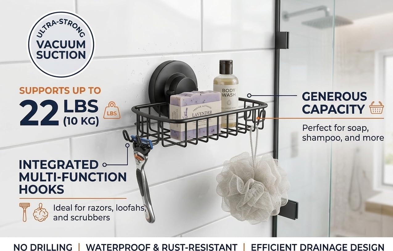 Jabonera para ducha, potente sistema de vacío, cesta de acero inoxidable 304 con ganchos de afeitar, soporte para jabón de baño o cocina (negro)