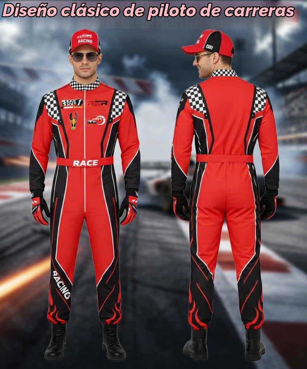 Disfraz de Piloto de Carreras para Hombre, Mono de Carreras para Adultos | Guantes Gafas Sombrero, Bandera a Cuadros Disfraz de Corredor de Línea para Halloween Carnaval Fiesta Cosplay