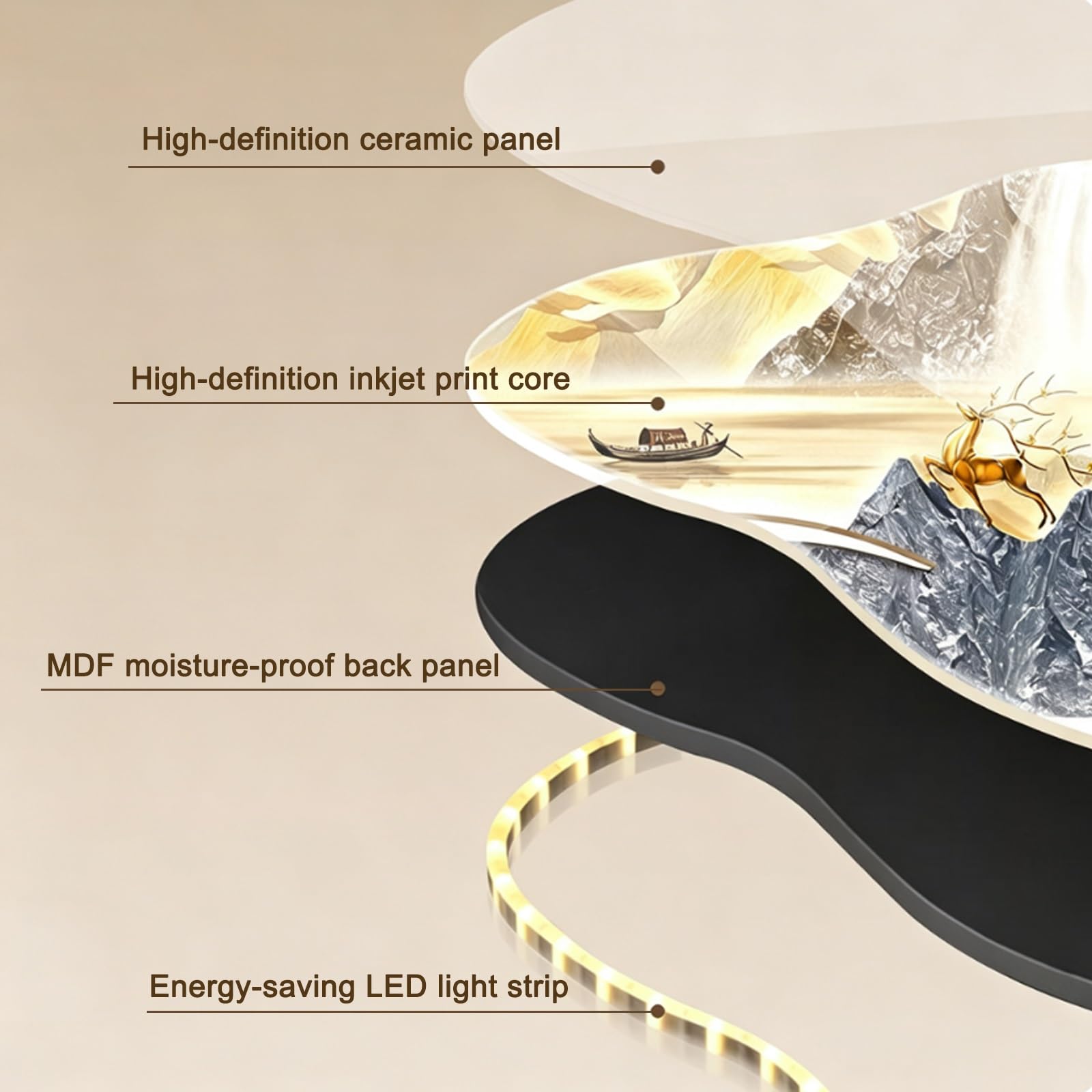 Zegar Ścienny 3D LED Sztuka Ścienna Podświetlenie Dekoracja | Ciche Ściany z Motywem Jeleni i Ryb Koi, Panel Ceramiczny HD, do Jadalni i Kuchni(H,40x80cm/16x31in)