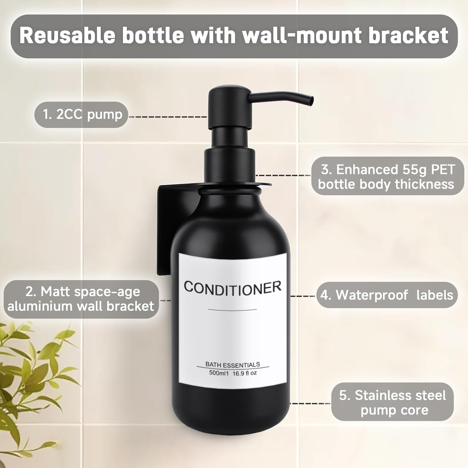 Seifenspender Wandbefestigung, 500ml Shampoo Flaschen zum Befüllen,3er Set Seifenspender Matt aus Glas, Badezimmer Seifenspender Set, Spender Pumpkopf Edelstahl,Pumpflasche + Aufkleber， 3 Stück