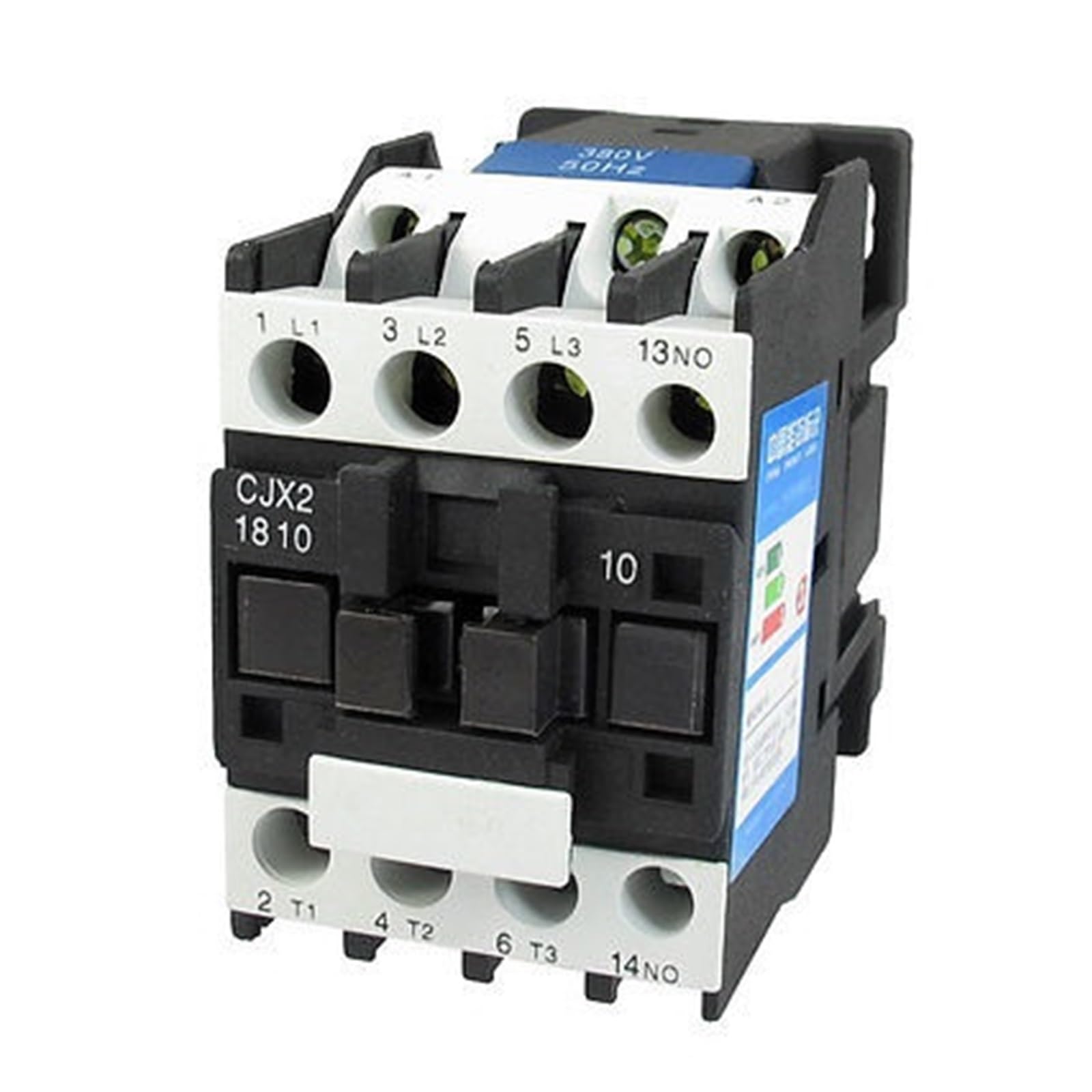 Contacteur tripolaire CJX2-1810 bobine 380V avec contact normalement ouvert et fixation rail