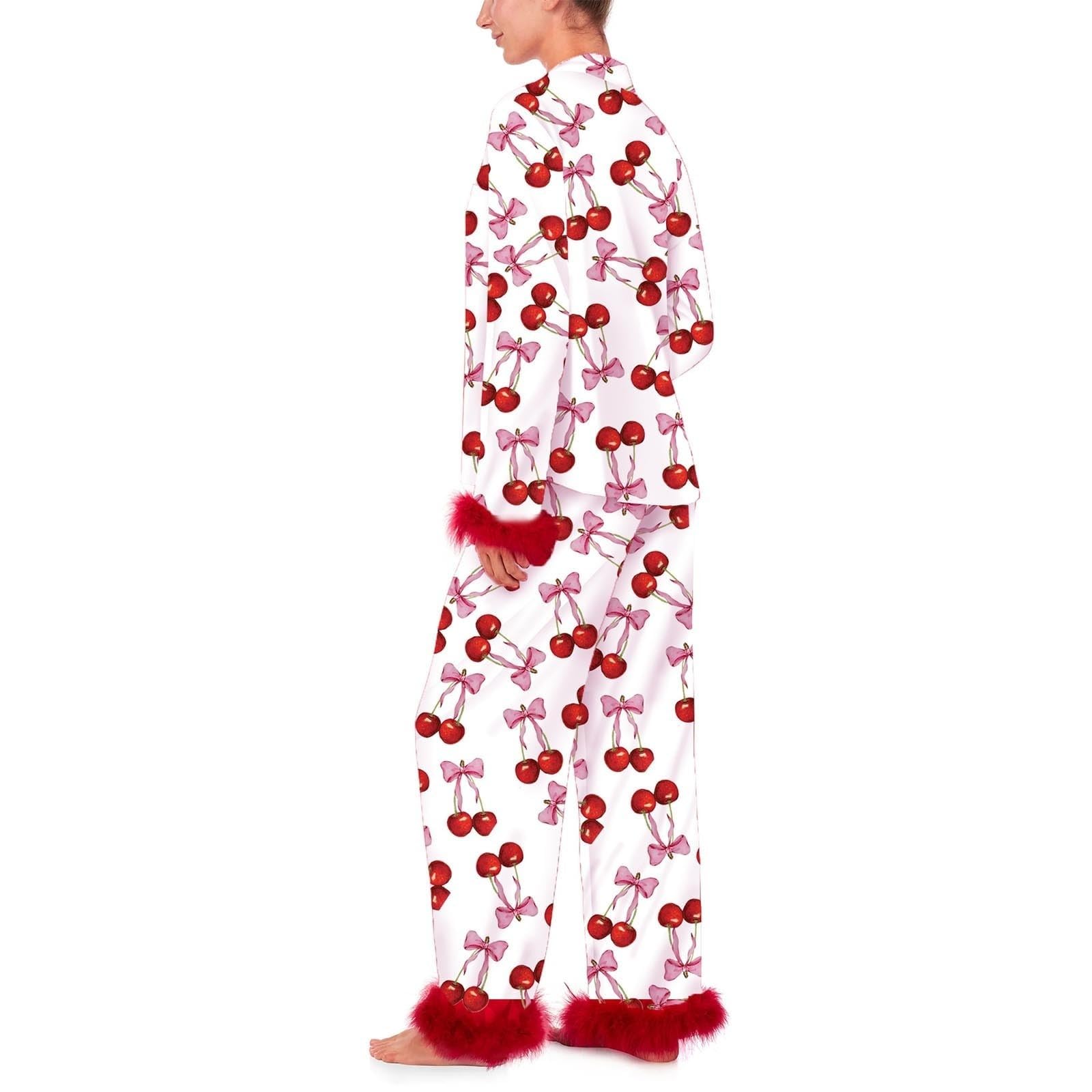 Conjunto de pijama de seda para mujer con diseño de corazón y lazo, camiseta de manga larga y pantalones, ropa de dormir de 2 piezas, pijama de satén lujoso para mujer, estampado de corazón y