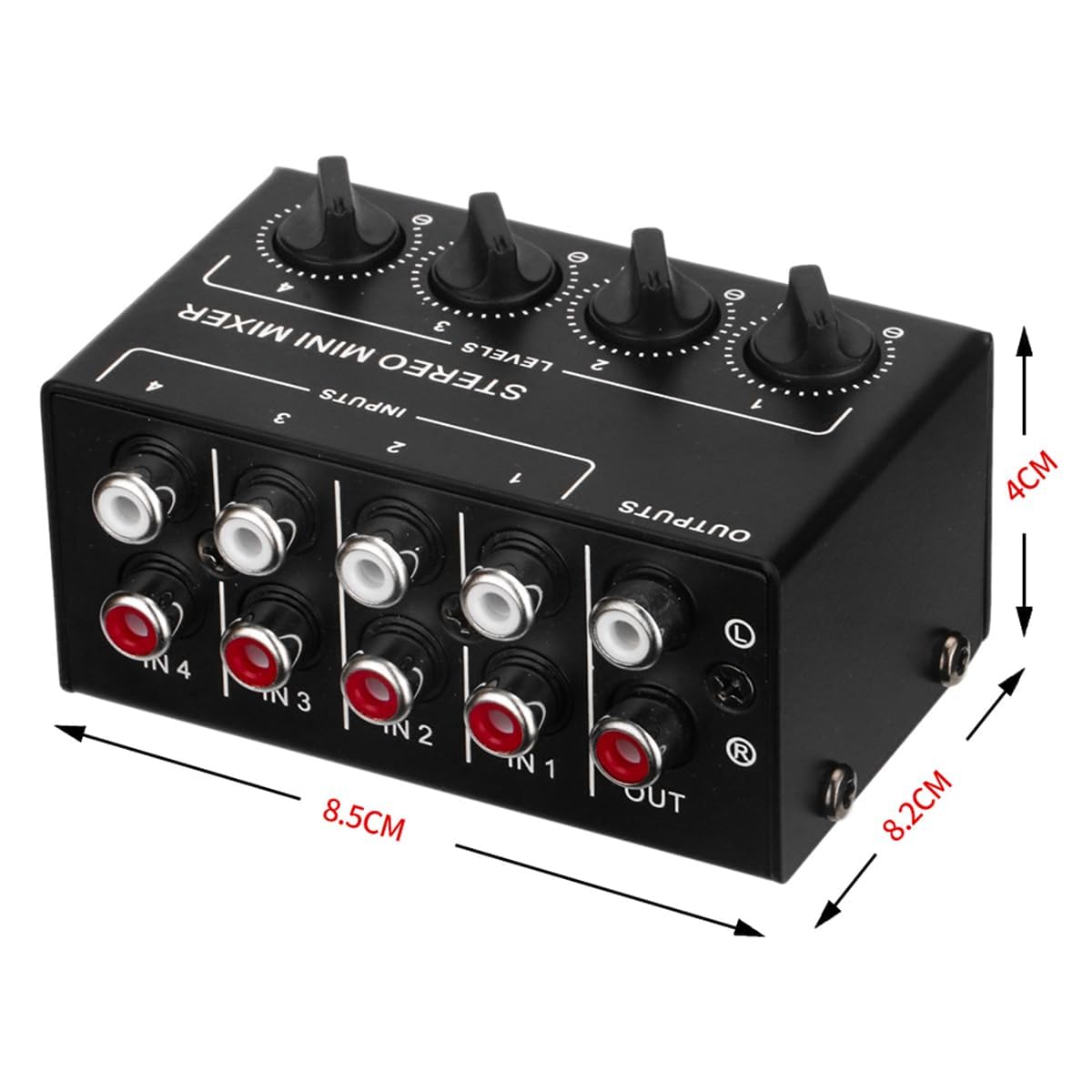 Mezclador de Audio estéreo de 4 Canales Compatible con Entrada y Salida RCA Mini Mezclador estéreo pasivo con Controles de Volumen Separados