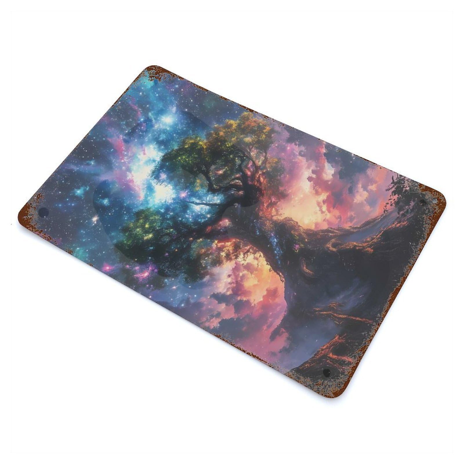 Aged Metal Wall Plaque with Cosmic Glowing Ethereal Misty Earth Tree Design 11.8"x7.9", for Cafe, Home Bar And Lounge Decor, Novelty Wall Decor