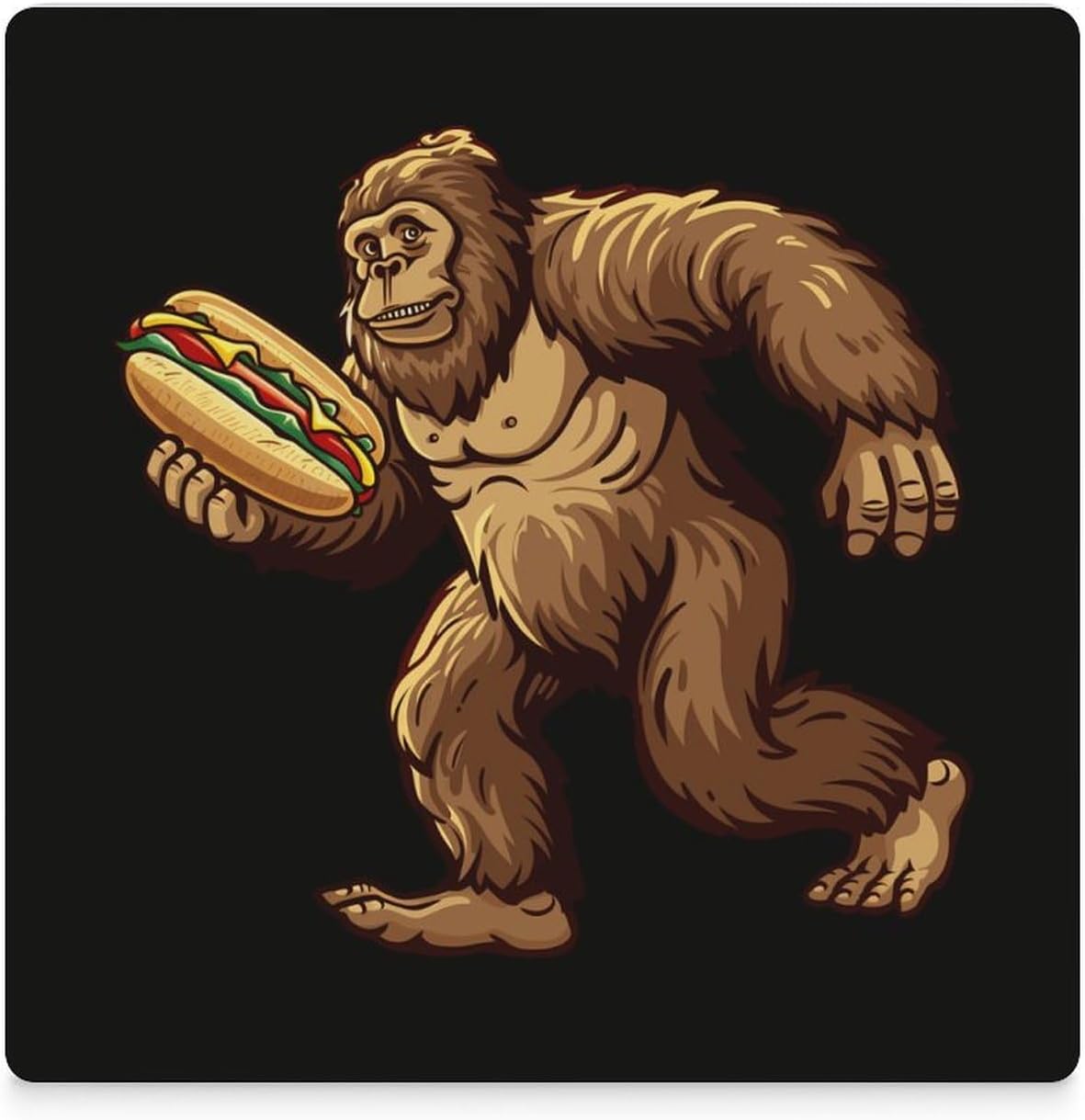 Sasquatch Bigfoot Carrying Hotdog Coasters for Drinks Square Table Coasters Set Cup Mats with Cork Base