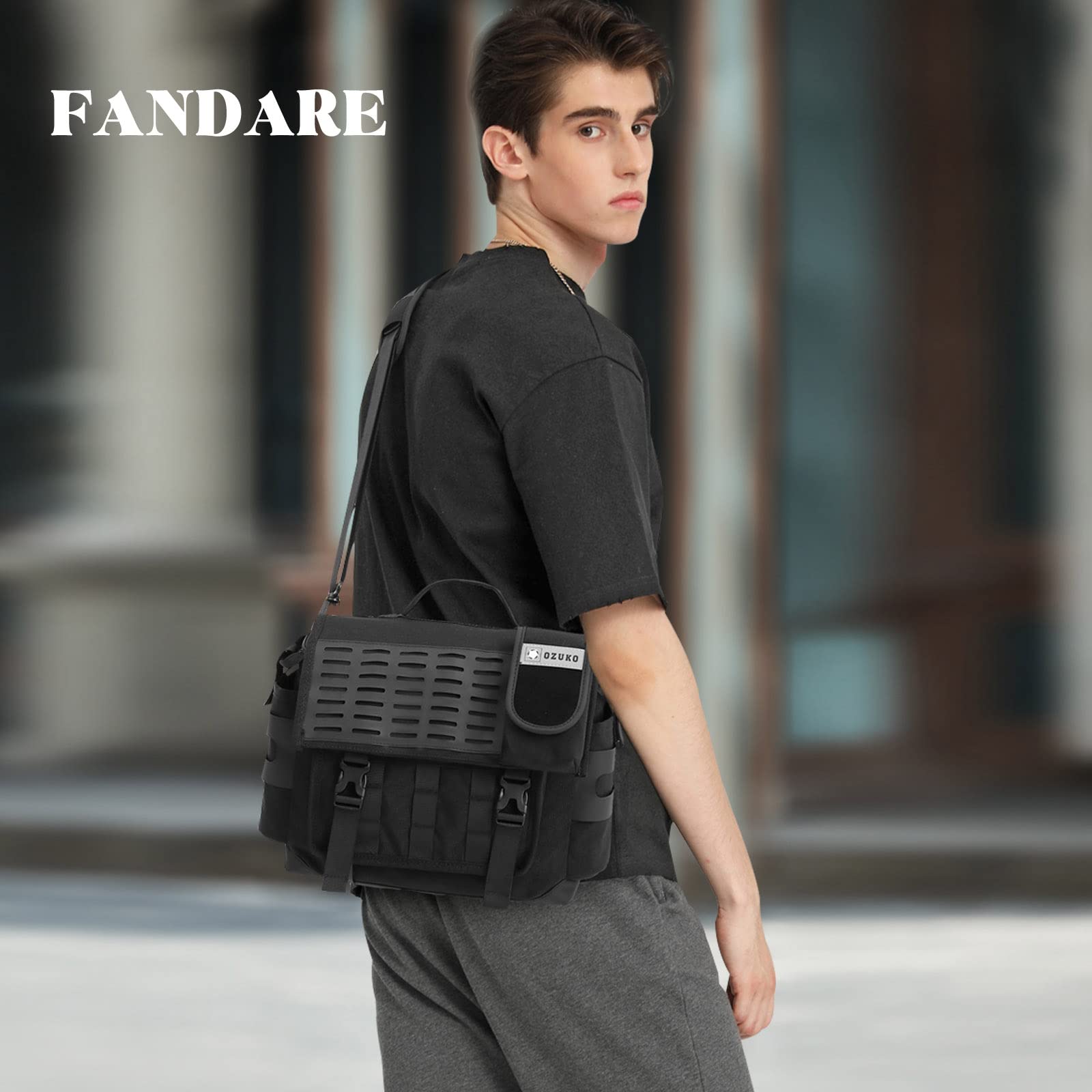 FANDARE Umhängetasche Herren Arbeitstasche Aktentasche Tragetasche Junge Schultertasche Männer Laptoptasche für 12.9 Zoll mit Multi-Tasche für Reise Schule Hochschule Arbeit Schulranzen Schwarz