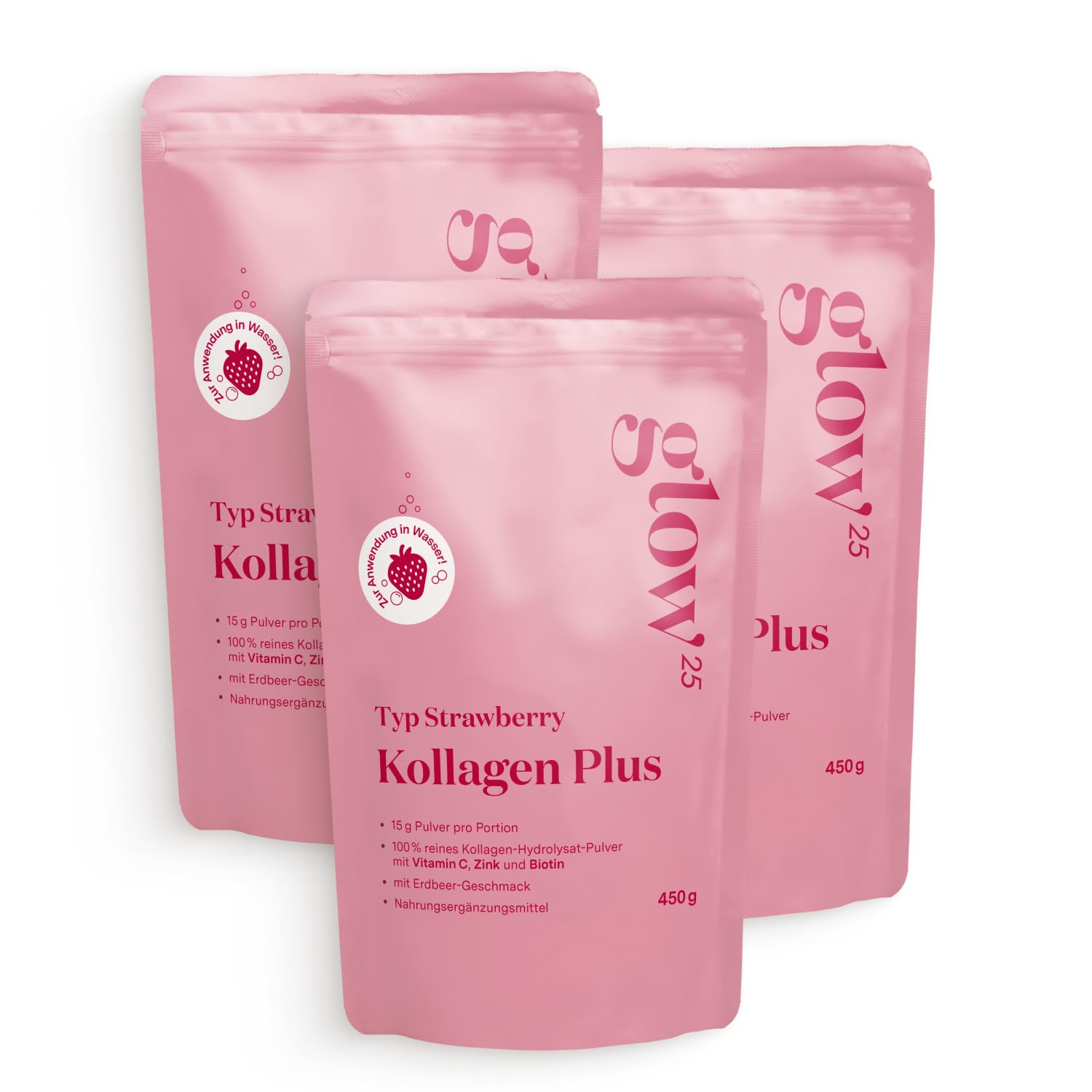 Glow25® Collagen Plus Typ Strawberry [3x450g] – Kollagen Hydrolysat mit Vitamin C, Zink und Biotin – Peptide Typ 1 und 3 – Speziell für Wasser entwickelt – Mit Erdbeer-Geschmack