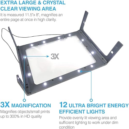 Miniatura 6 de MagniPros Lupa de página completa 3X grande con 12 luces LED, patas plegables abatibles, modos de fuente de alimentación duales, ideal para lectura