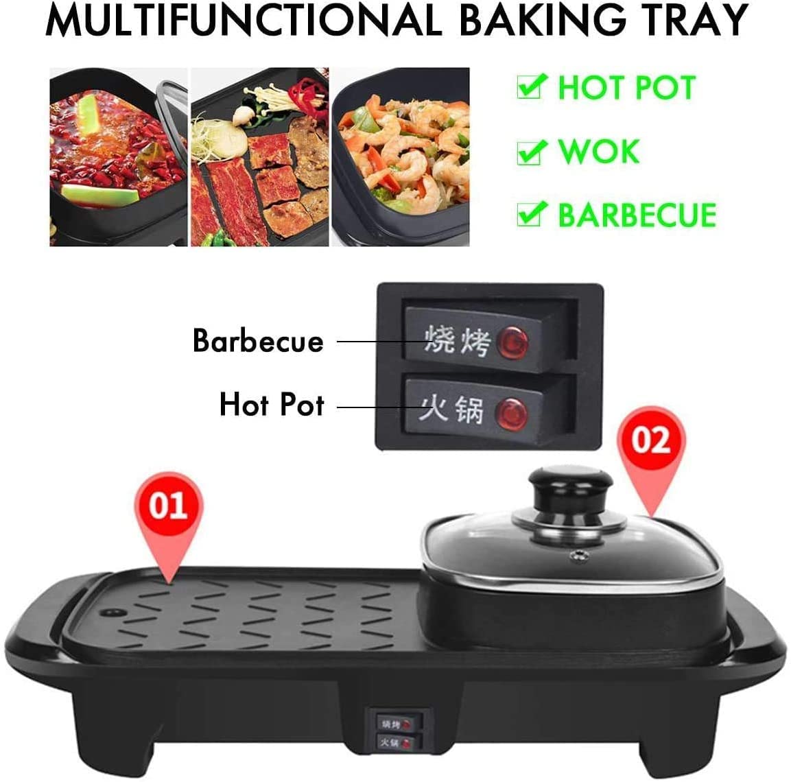 Parrilla de Asar Grill de Asar Plancha de Asar 2 en 1 Parrilla eléctrica y Olla Caliente Antiadherente para Hornear en Interiores Sartén Plana Hotpot Grill BBQ Plancha Plana 1100W 1101(Si