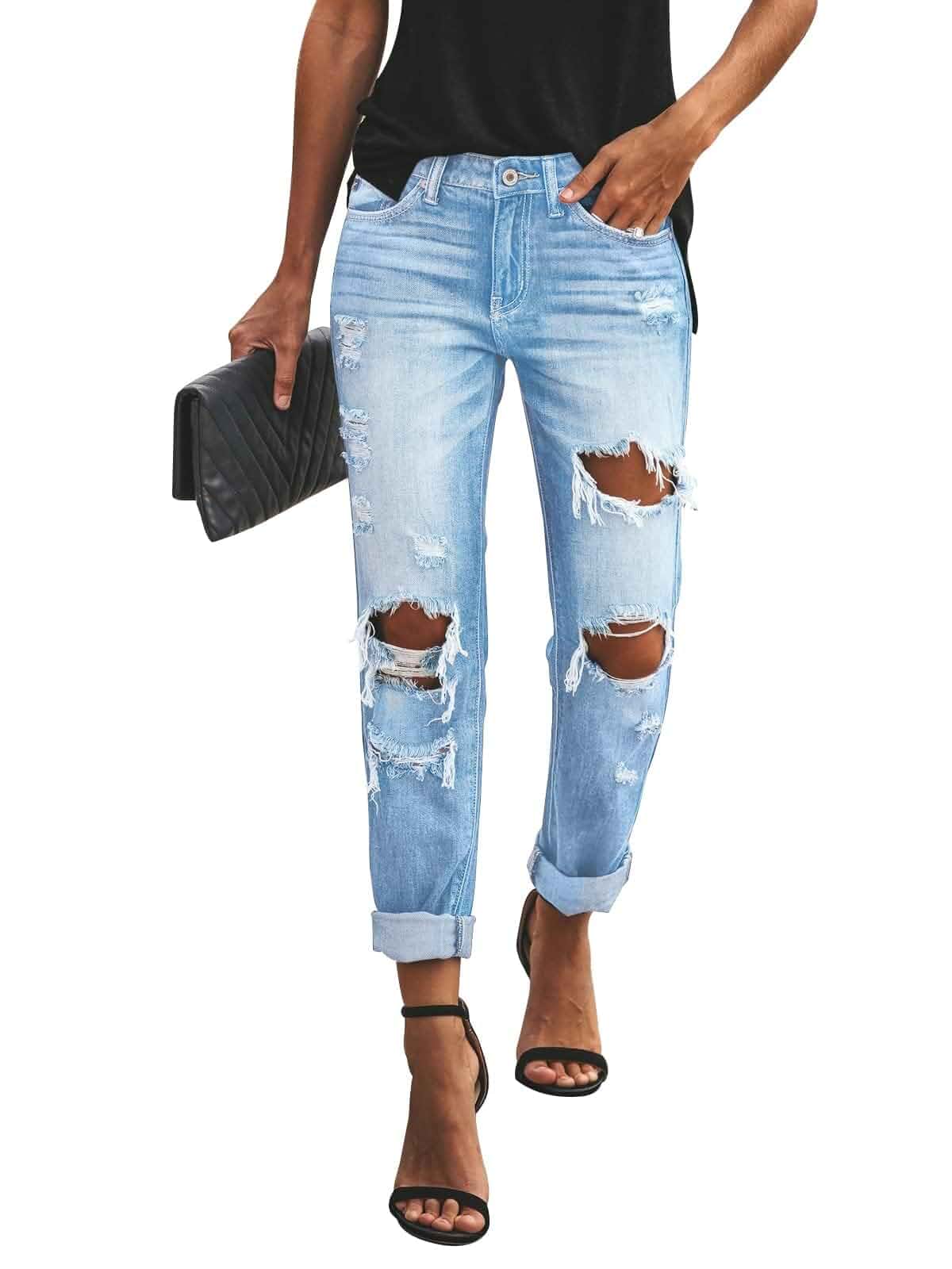 KUNMI Women's Ripped Mid Waisted Boyfriend Jeans Loose Fit Distressed Stretchy Denim Pants Jeans