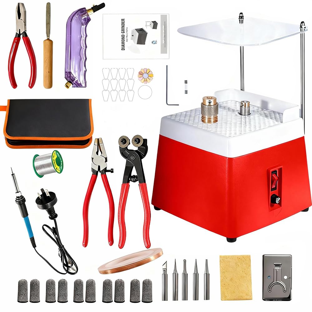 Ponceuse à Verre Portable,220V,65W,4200 tr/min,avec Fonction d'Aspiration Automatique,Protecteur Transparent,2 Têtes Meuleuses Interchangeables et Accessoires de 34 pcs pour Verre et Céramique (Rouge)