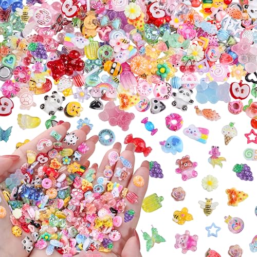 250Pcs 3D Kawaii Nail Charms Kit Mixed Cartoon Candy Animal Fruit Resin Charms Flatback Gummy Bear Slime Charms Cute Star Heart Butterfly Daisy Flower Nail Supplies for Nails Phone Cases DIY Crafts